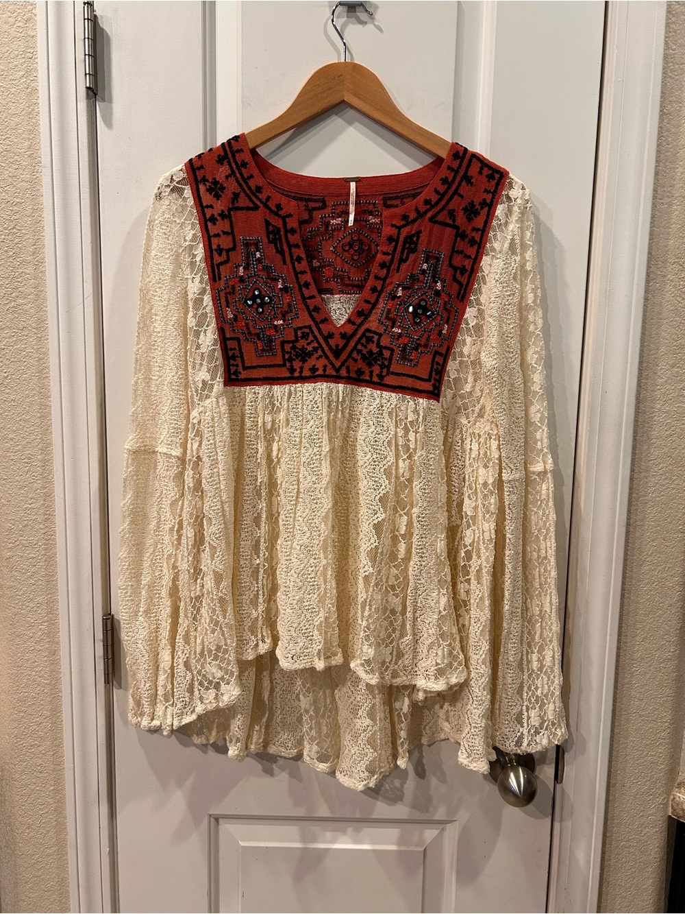 Free People Casablanca Lace Tunic Boho Cream Embroidered Sequined Yoke